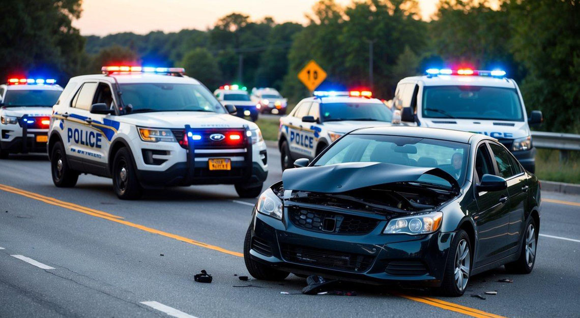 A car wrecked on the side of the road, with police cars and emergency vehicles present